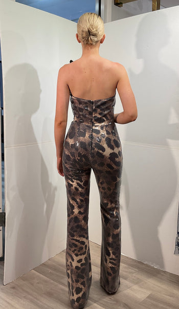 Strapless Allover Sequin Animal Print Fitted Asymmetric Jumpsuit by Jovani 48243