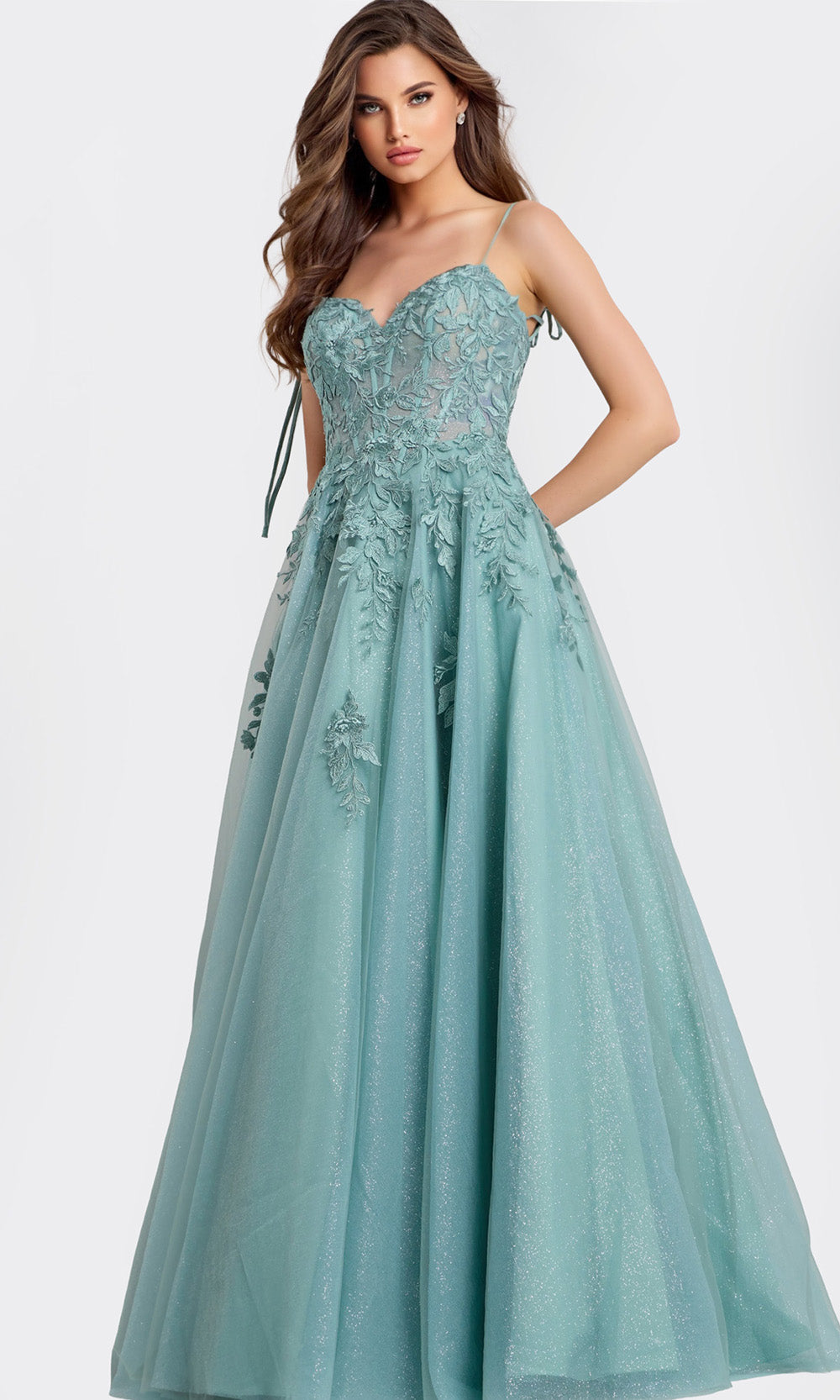 Floral Appliqué A-Line Sparkle Tulle with Sheer Lace Bodice by Jovani 49092