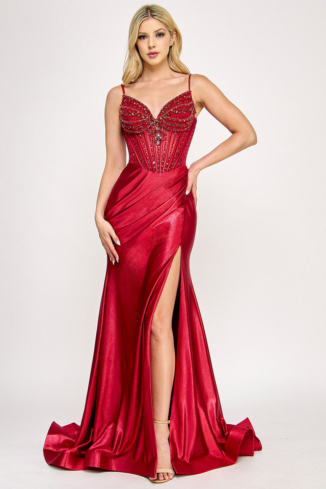 Shimmer Beaded Corset Satin Gown with Spaghetti Straps and High Slit By Lenovia 8404