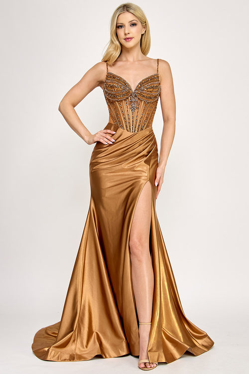 Shimmer Beaded Corset Satin Gown with Spaghetti Straps and High Slit By Lenovia 8404