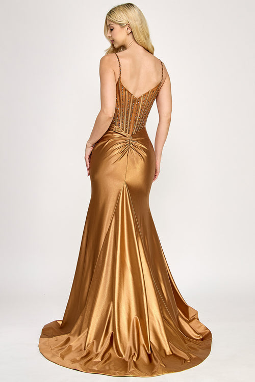 Shimmer Beaded Corset Satin Gown with Spaghetti Straps and High Slit By Lenovia 8404