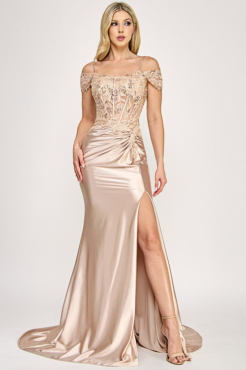 Off-Shoulder Beaded Corset Satin Gown with High Slit By Lenovia 8348