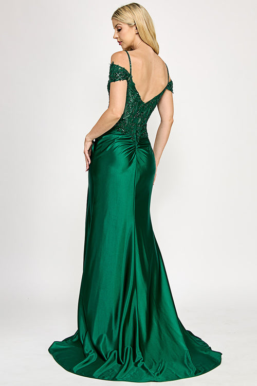 Off-Shoulder Beaded Corset Satin Gown with High Slit By Lenovia 8348