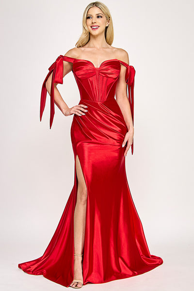 Satin Off-Shoulder Corset Gown with Bow Sleeves and High Slit By Lenovia 8401