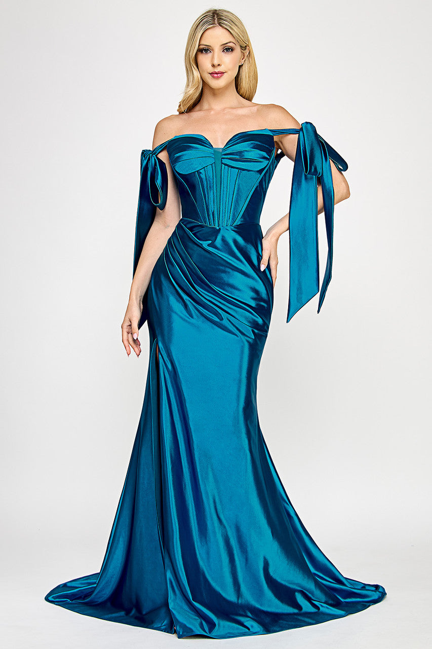 Satin Off-Shoulder Corset Gown with Bow Sleeves and High Slit By Lenovia 8401