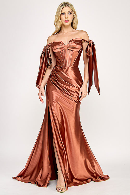 Satin Off-Shoulder Corset Gown with Bow Sleeves and High Slit By Lenovia 8401