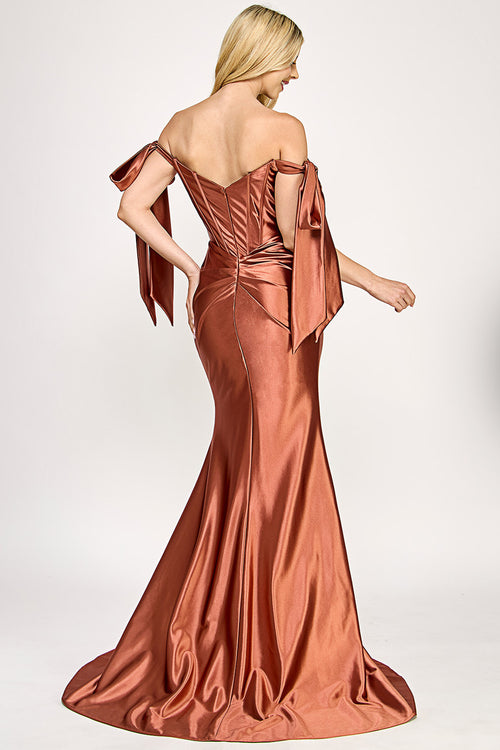 Satin Off-Shoulder Corset Gown with Bow Sleeves and High Slit By Lenovia 8401