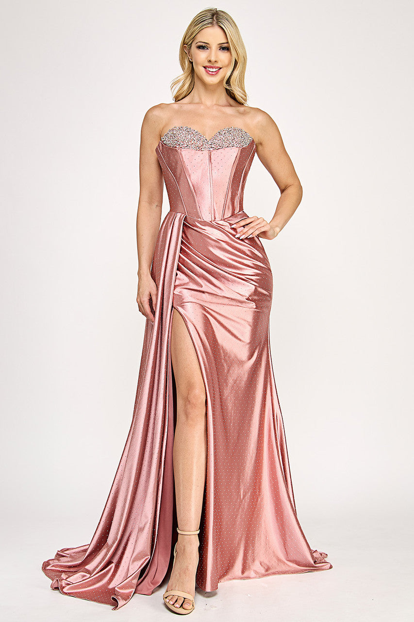 Strapless Corset Gown with Crystal Sweetheart Neckline and High Slit By Lenovia 8402