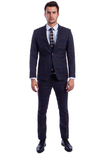 Men's Skinny Fit Suit with Vested Plaid in Blue & Brown