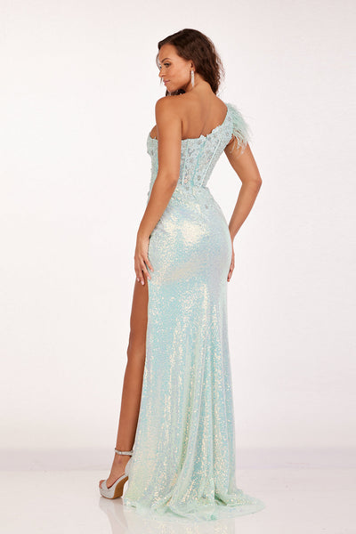 Abby Paris 90256 Feather One Shoulder Sequin Slit Gown