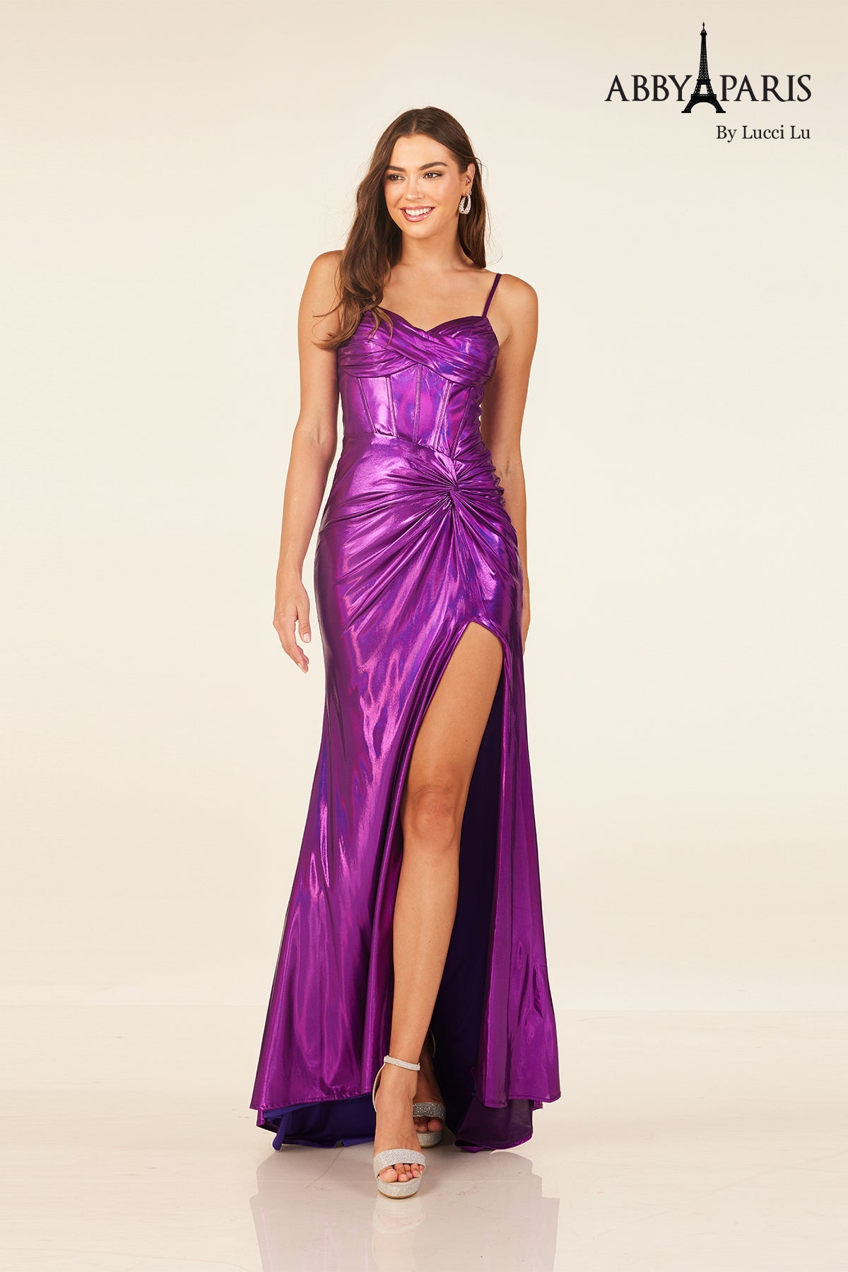 Metallic Corset Slit Gown by Abby Paris 90287