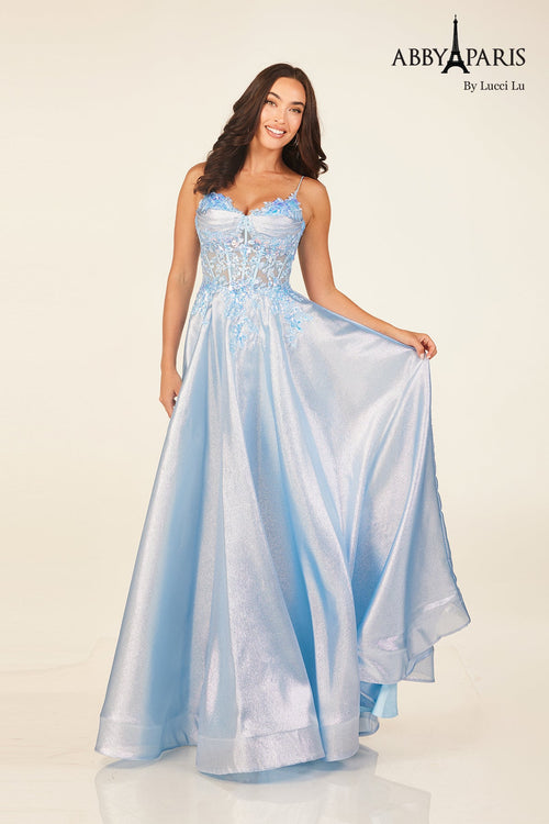 Radiant Metallic Sleeveless A-line Gown by Abby Paris 90290