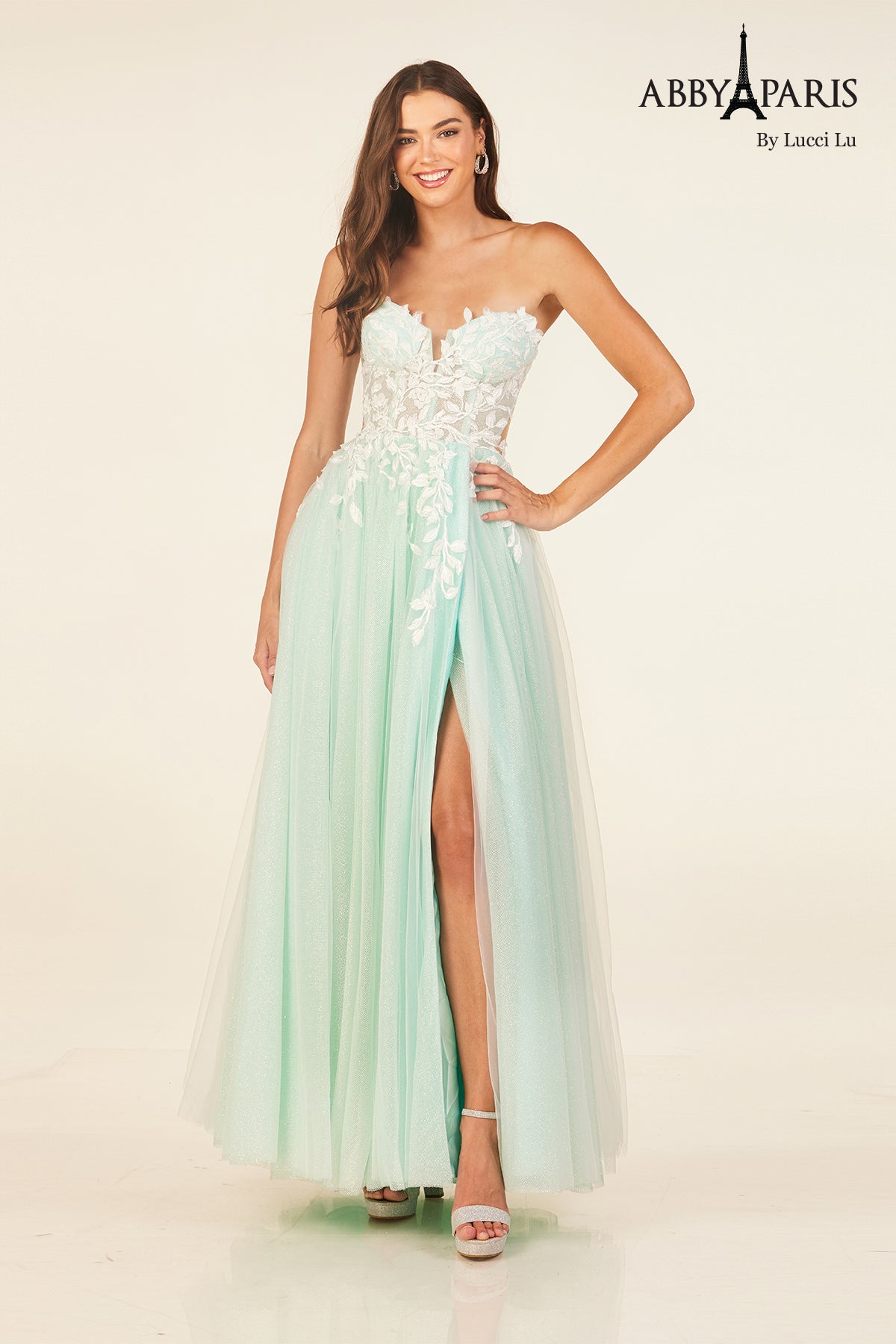 Abby Paris 90337 Applique Strapless A-line Evening Gown