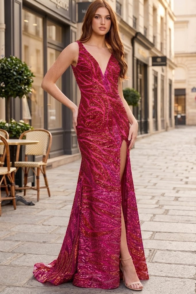 Sequin Gown with Plunging V-Neck Open Back & High Slit Floor Length Formal Dress by Jovani 47682