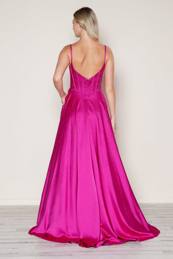 Vestido de satén con cuentas y corte A sin mangas de Poly USA 9610