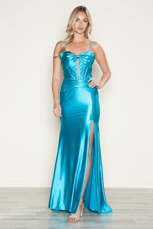 Poly USA 9644 Satin Fitted Sleeveless Slit Gown