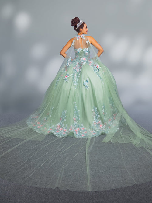 Floral Applique Strapless Cape Ball Gown by Calla SCL30004