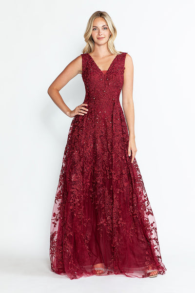 Vestido formal largo con escote en V y sin mangas, corte A, de Lenovia 8337 (Nueva colección)