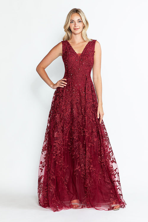 Vestido formal largo con escote en V y sin mangas, corte A, de Lenovia 8337 (Nueva colección)