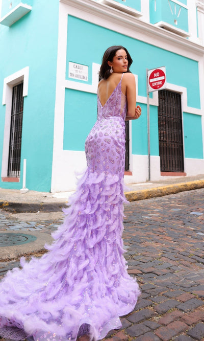 Nox Anabel C1422 Feathered Long Prom Dress with Glitter Print