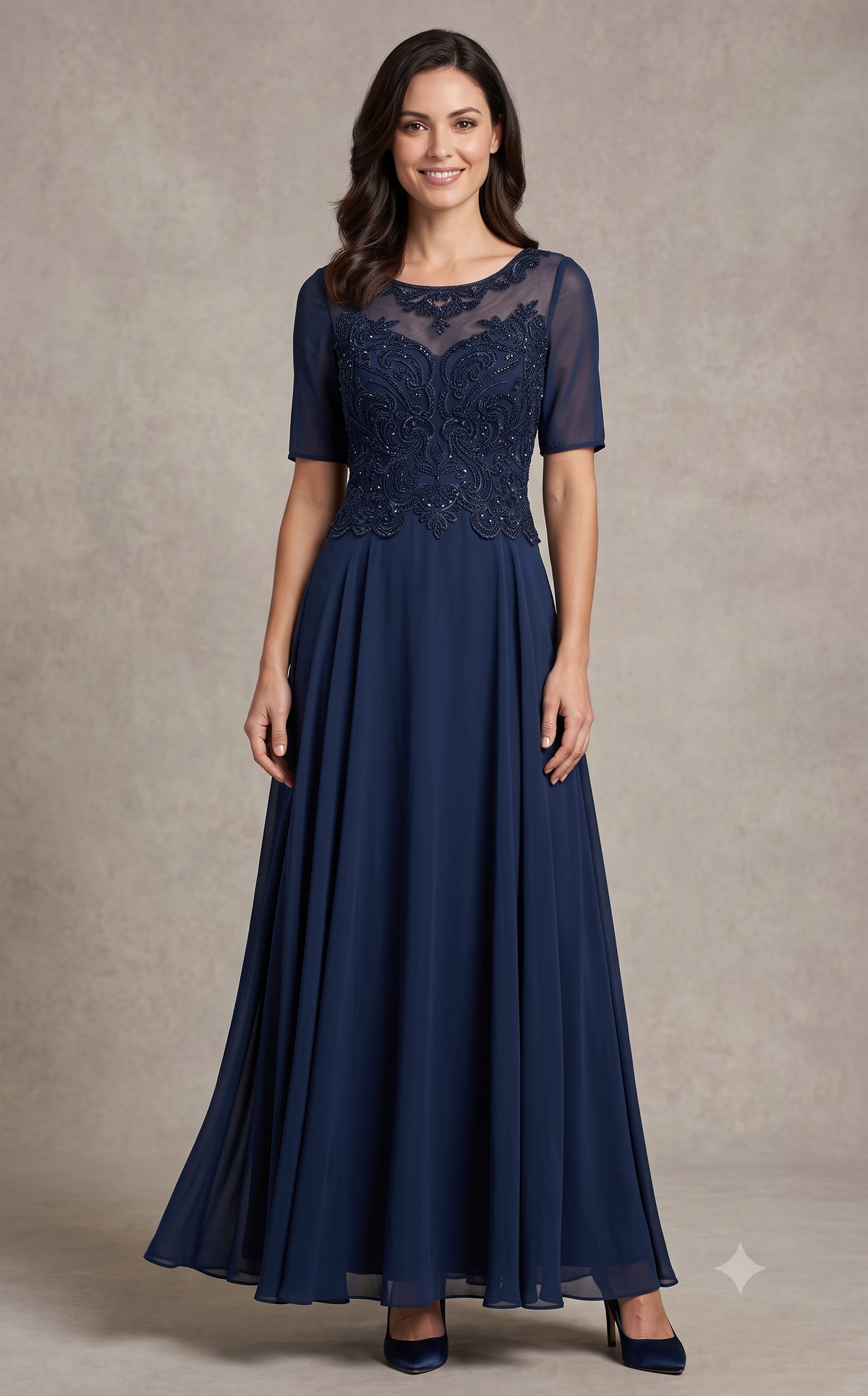 3/4-Sleeve Sheer Beaded Mother of the Bride A-Line Chiffon Dress with Illusion Detail by CT-2654