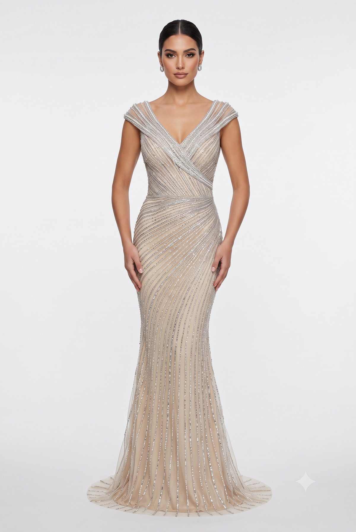 Cap Sleeve V-Neck Fully Beaded Linear Sequin Bodice Sheath Evening Gown by CT-2674
