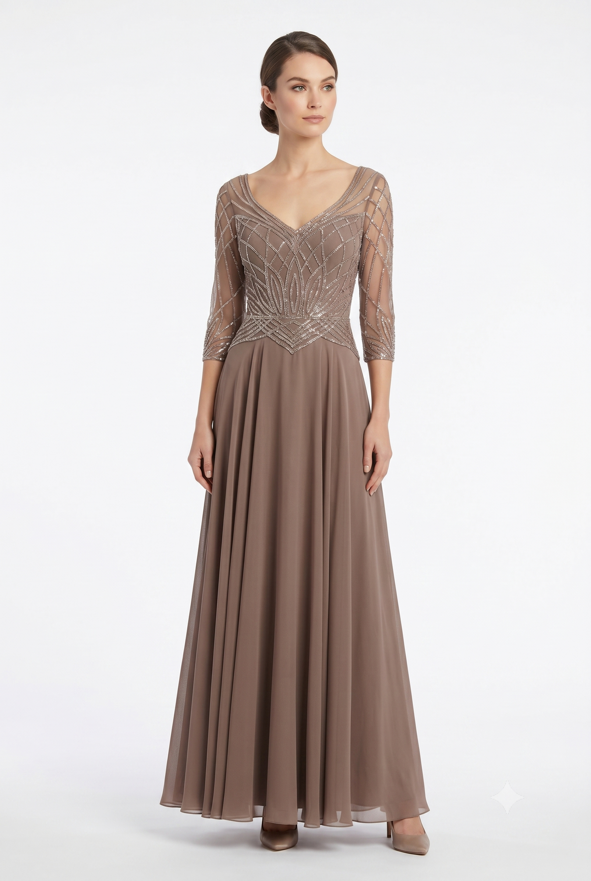 Sequin Beaded Deep V-Neck A-Line Floral Lace Bodice Formal Evening Gown by Ct-2678