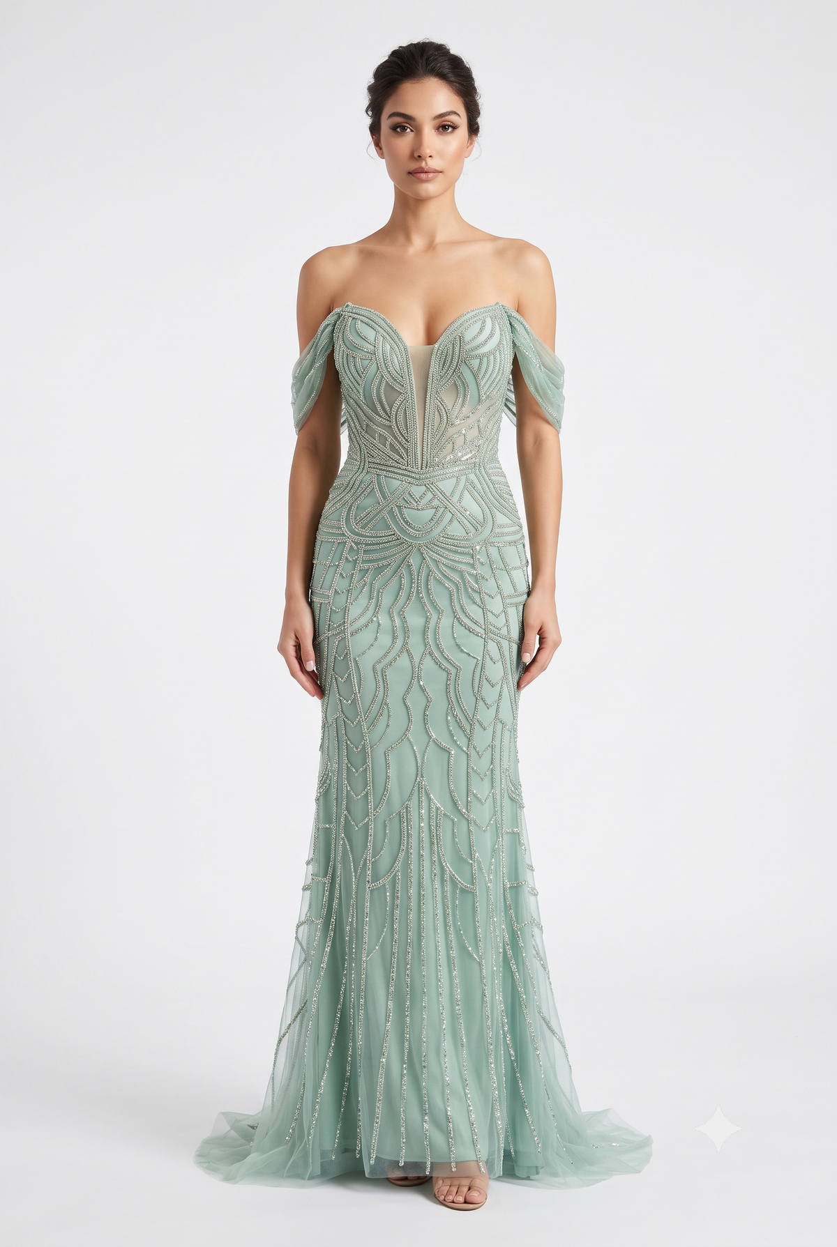 Off-Shoulder Plunging V-Neck Fully Sequin Beaded Lace-Up Back Mermaid Prom Dress by CT-2685