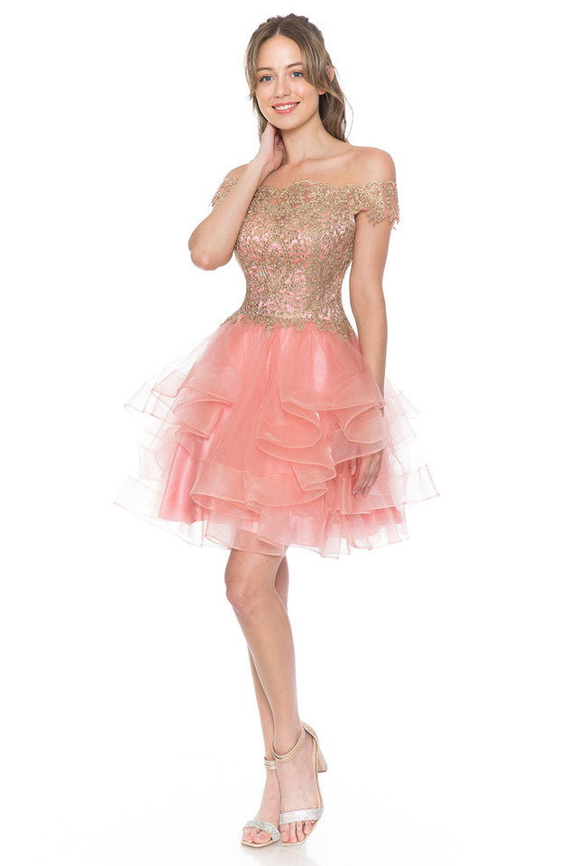Off-Shoulder Tiered Tulle Short Party Dress with Gold Embroidered Bodice By Lenovia 8151