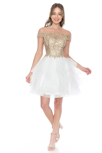 Off-Shoulder Tiered Tulle Short Party Dress with Gold Embroidered Bodice By Lenovia 8151