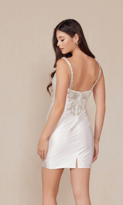 Nox Anabel E912W Chic Silver-Beaded Short White Homecoming Dress