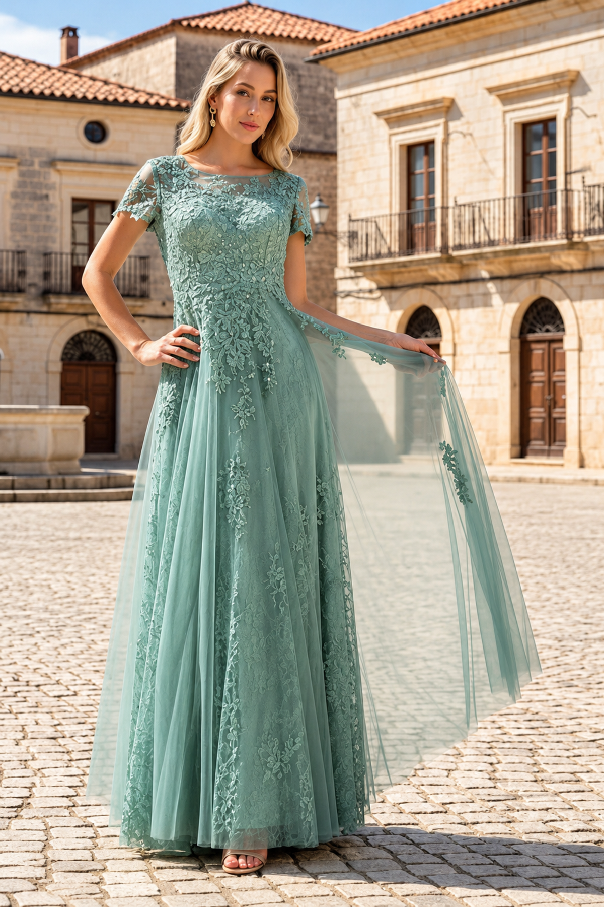 Eva USA 5261 Monochrome Appliqué Tulle Mother of the Bride Gown
