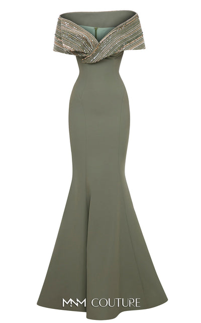 Sequin Embellished Off-Shoulder Gown in Mint by MNM Couture