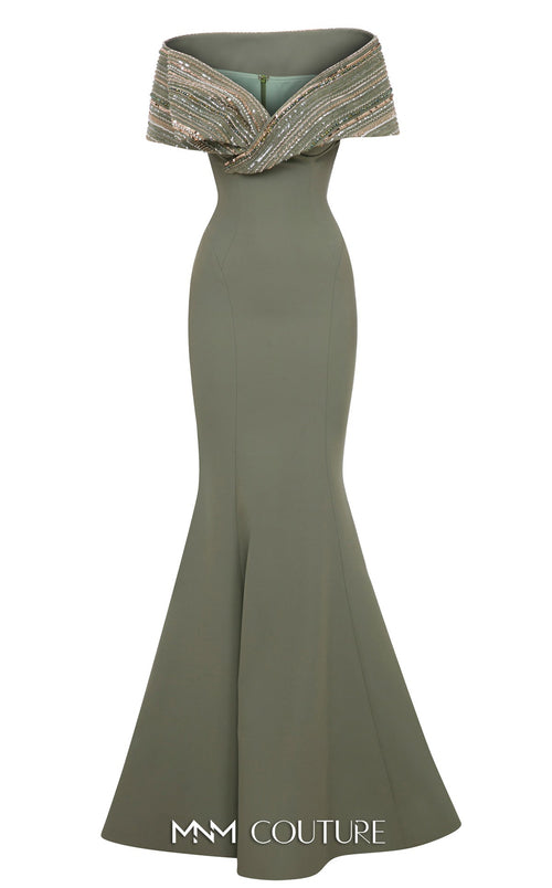 Sequin Embellished Off-Shoulder Gown in Mint by MNM Couture