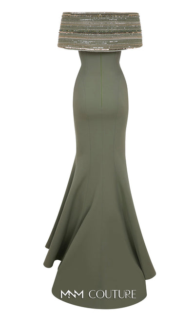 Sequin Embellished Off-Shoulder Gown in Mint by MNM Couture