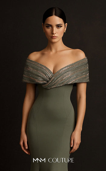 Sequin Embellished Off-Shoulder Gown in Mint by MNM Couture