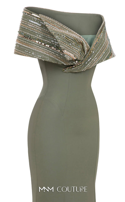 Sequin Embellished Off-Shoulder Gown in Mint by MNM Couture