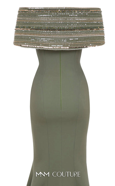 Sequin Embellished Off-Shoulder Gown in Mint by MNM Couture