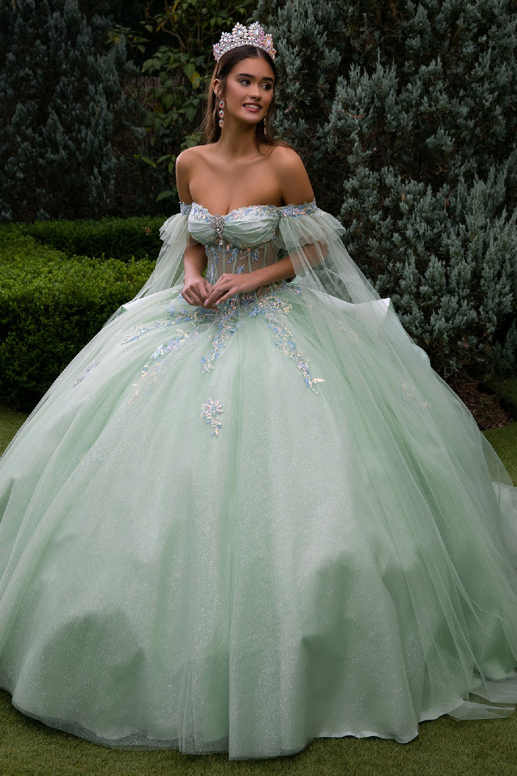 Elizabeth K Sage Glitter Tulle with Embroidered Appliqué, Sequins & Satin Bow Detail Ball Gown Quinceanera Dresses