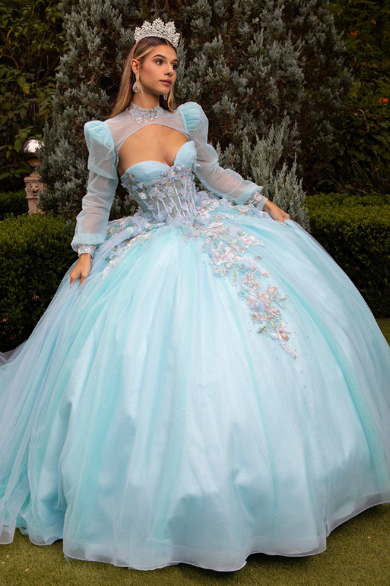 icy blue formal dress Embroidered Ball Gown by Elizabeth K GL3577 inv-42 With its contrast lower Stylish woman in black Size:PLEASE SELECT YOUR SIZE