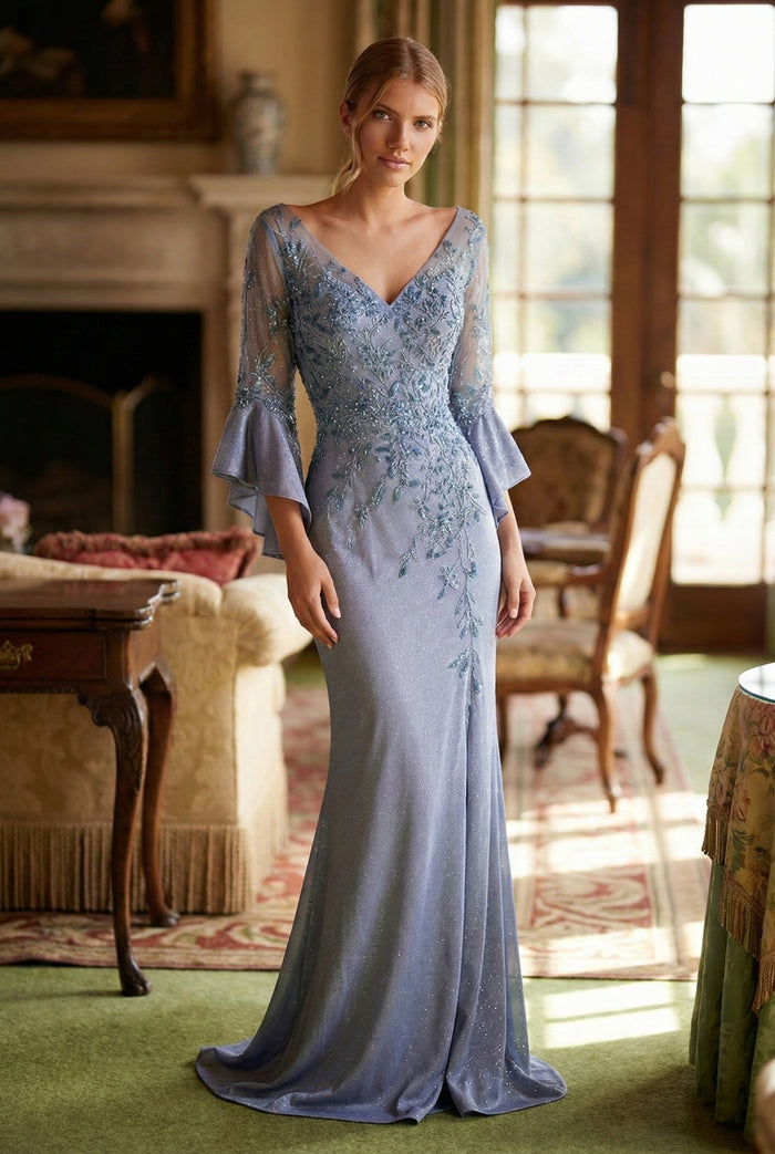 Elegant Mother of Bride Dress Appliqué Bell Sleeve Slit Evening Gown
