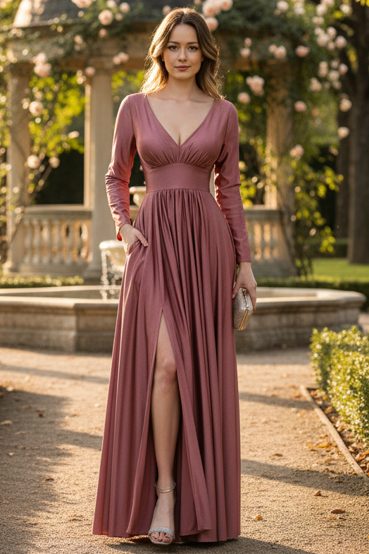 Clearance Mauve Size M Stretchy Long Sleeve Mother Of The Bride Formal Gown By Lenovia 5231