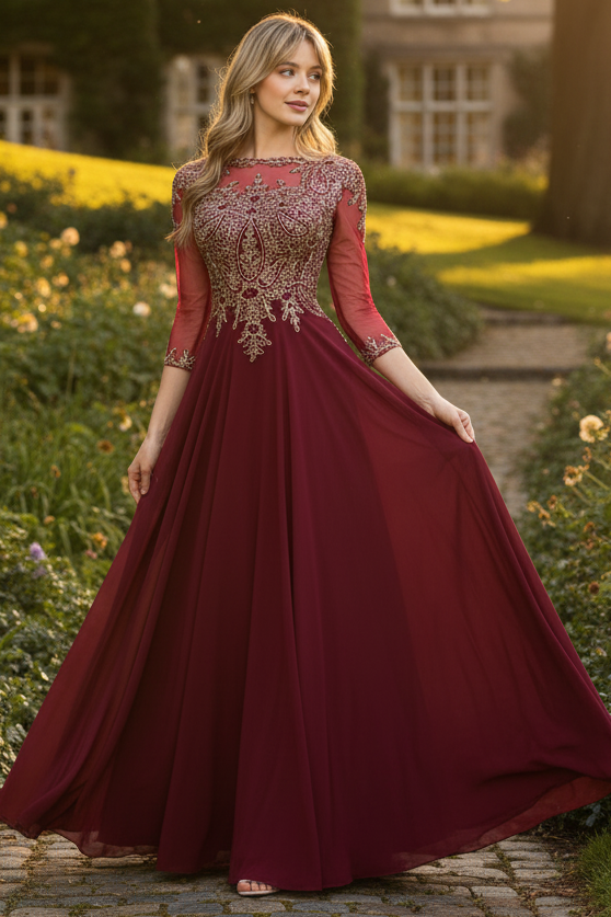 Clearance Burgundy Size S Mother Of The Bride 3/4 Sleeve Modest Evening Gown By Lenovia 8171