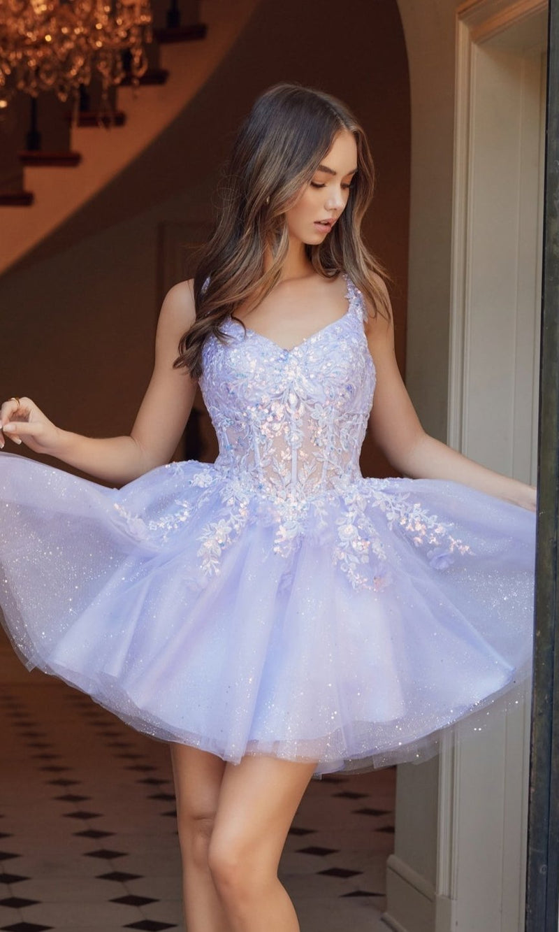 Nox Anabel H846 Short A-Line Homecoming Dress with Embroidered Bodice