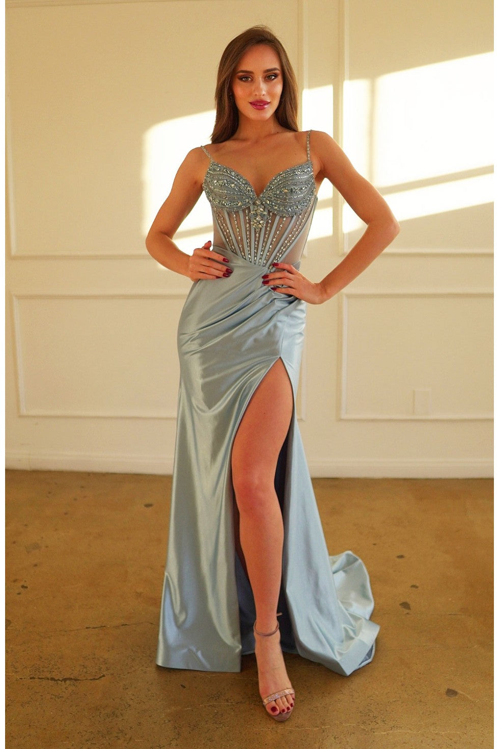 Prom Dresses Pleated Long Formal Prom Dress Dusty Blue