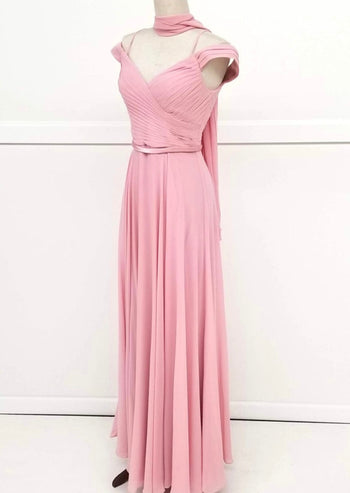 Chicas C8997 Elegant Evening Navy Spaghetti-Strap Floor-Length Pleated Chiffon Dress