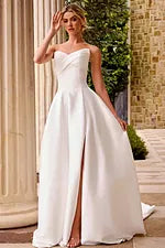 Strapless A-Line Wedding Dress with Sweetheart Neckline High Slit & Button Train by Jovani 46880