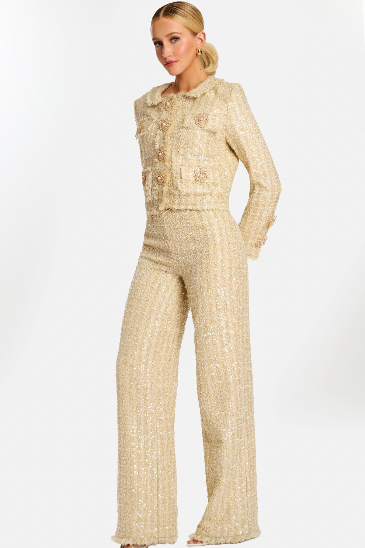 Sequin Tweed Pant Suit Embellished Jacket & Wide Leg Pants Formal Set by Jovani 45244