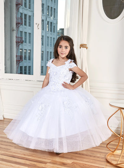 Calla KY234 Girls 3D Floral Off Shoulder Glitter Gown