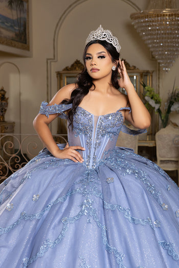 Off-Shoulder Quinceañera Ball Gown with Beaded Lace Appliques and Royal Train by Layla K LK283